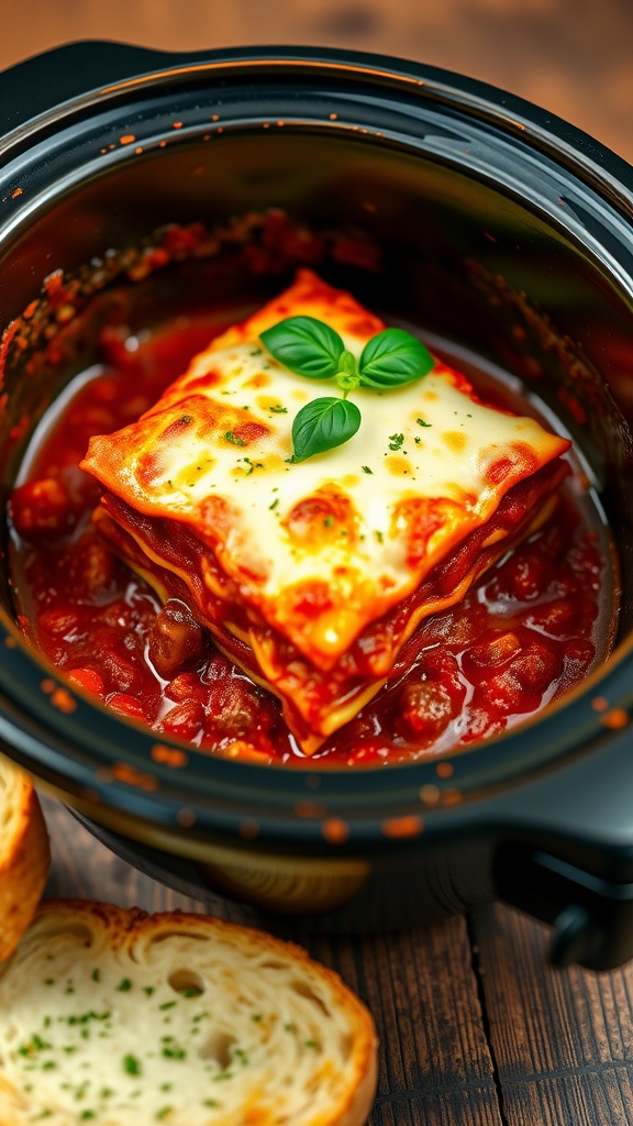 A bubbling slow cooker lasagna with meat sauce and melted cheese, garnished with basil, on a rustic table with garlic bread.